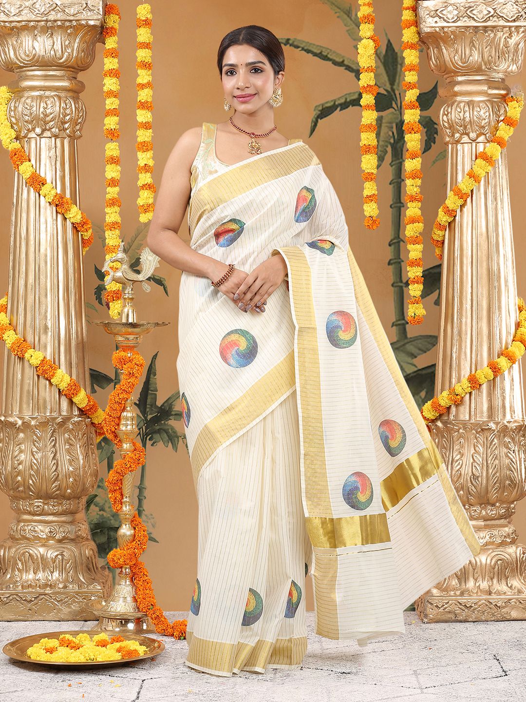 Wedding Wear Off-White Color Cotton Soft Silk Saree