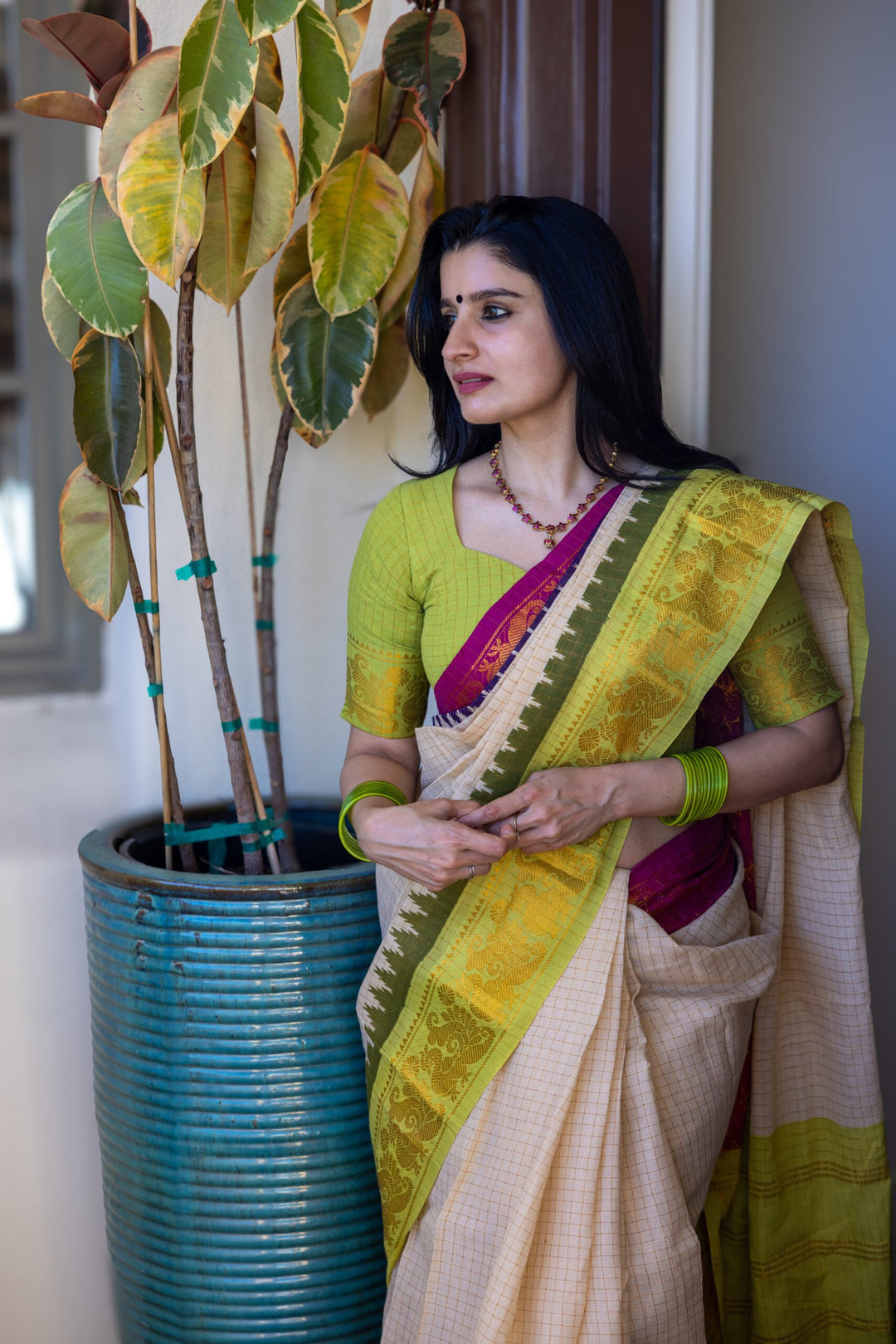 Wedding Wear Off White And Dark Green Color Cotton Silk Saree