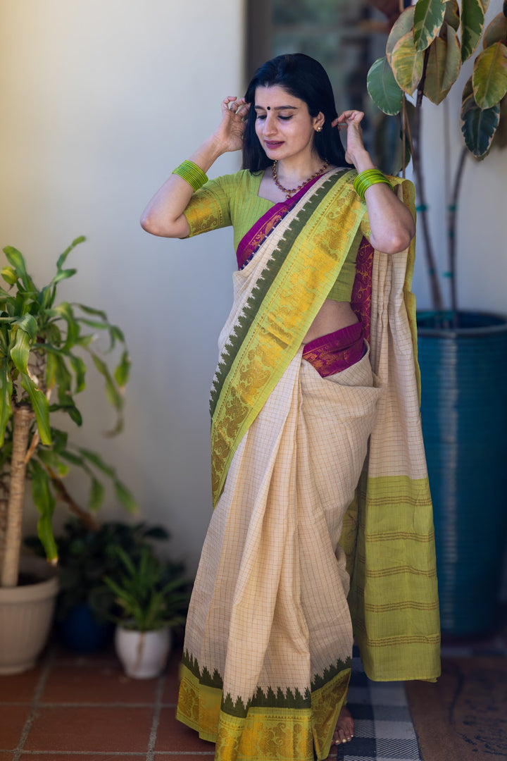 Wedding Wear Off White And Dark Green Color Cotton Silk Saree