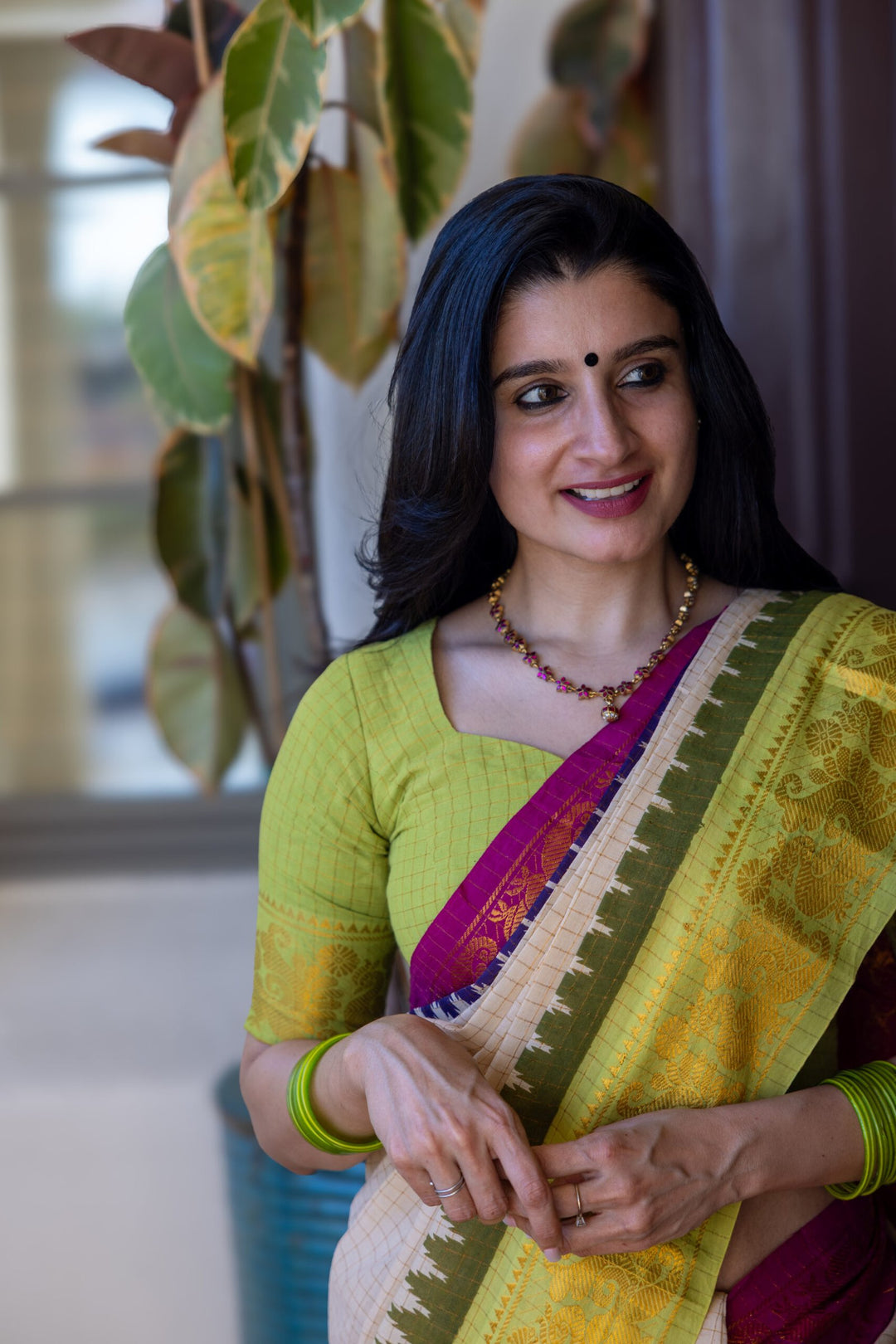 Wedding Wear Off White And Dark Green Color Cotton Silk Saree