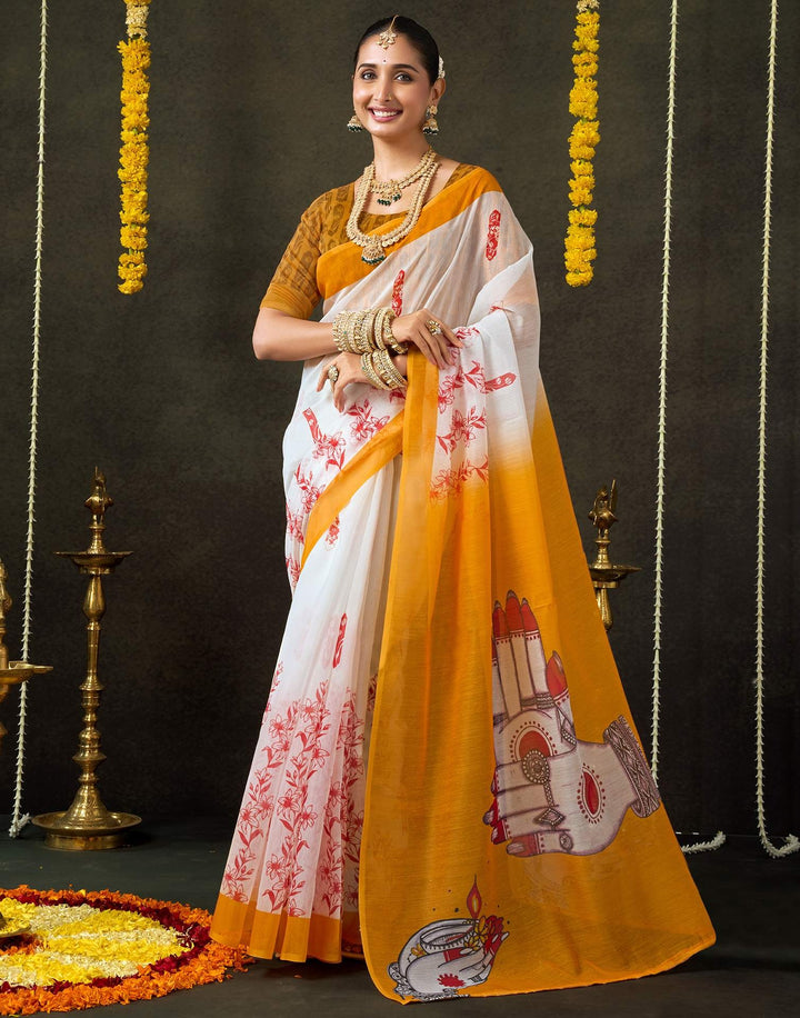 Wedding Wear Off White Color Cotton Saree