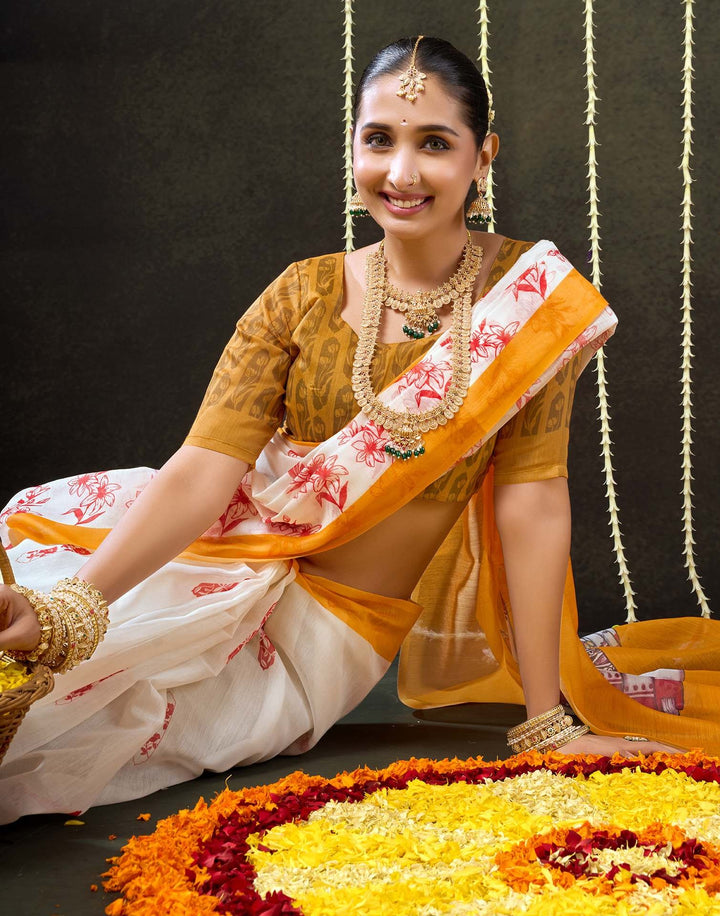 Wedding Wear Off White Color Cotton Saree