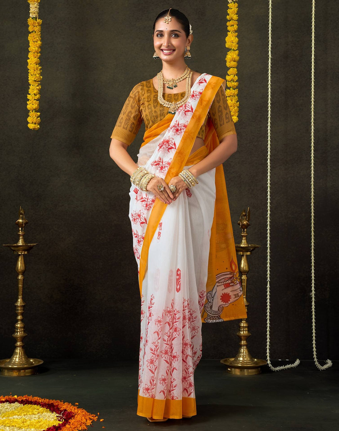 Wedding Wear Off White Color Cotton Saree