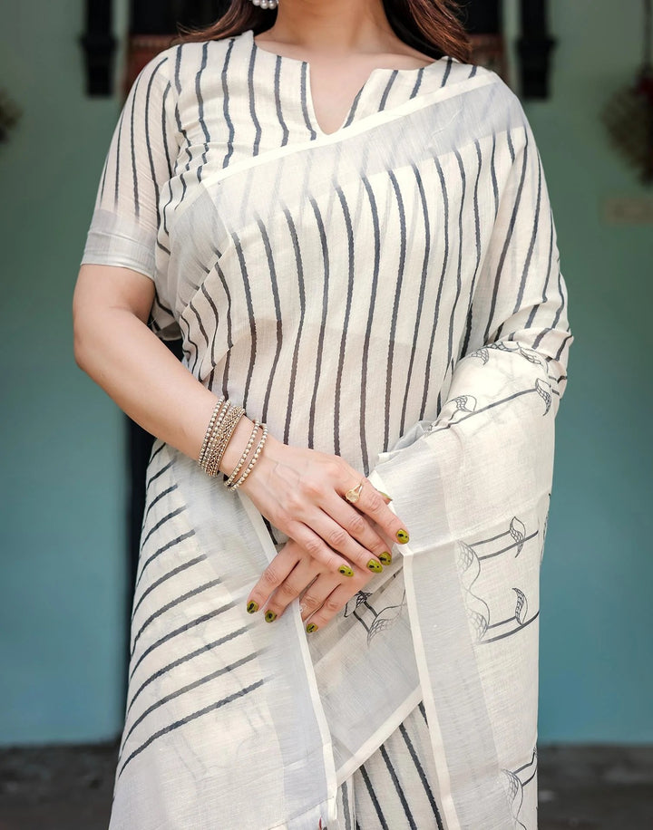 Wedding Wear Off White Linen Silk Printed Saree