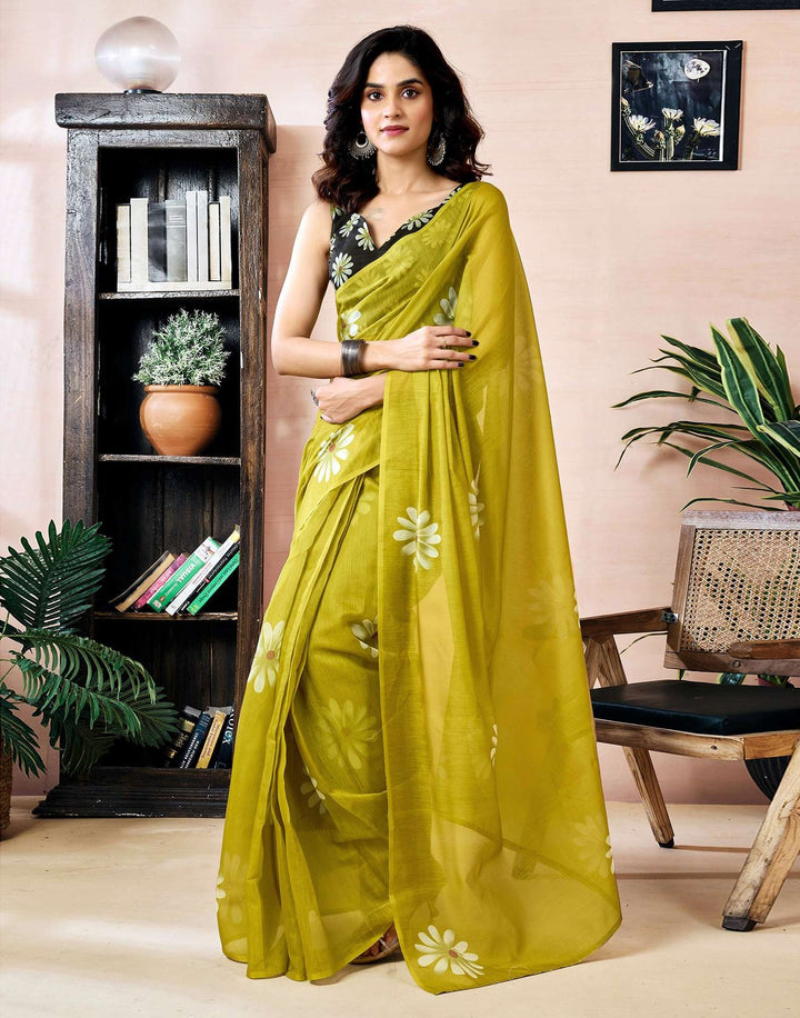 Wedding Wear Olive Green Color Banarasi Silk Printed Saree