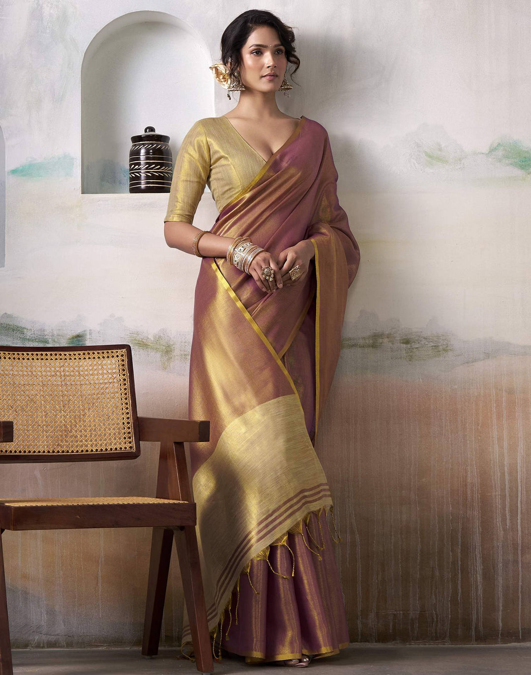 Wedding Wear Orange Color Tissue Silk Saree