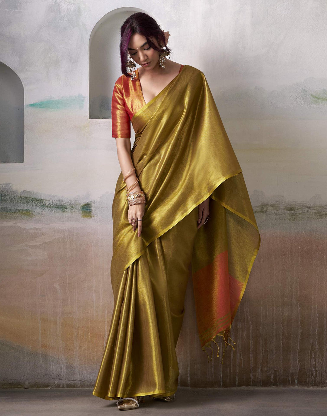 Wedding Wear Orange Color Tissue Silk Saree