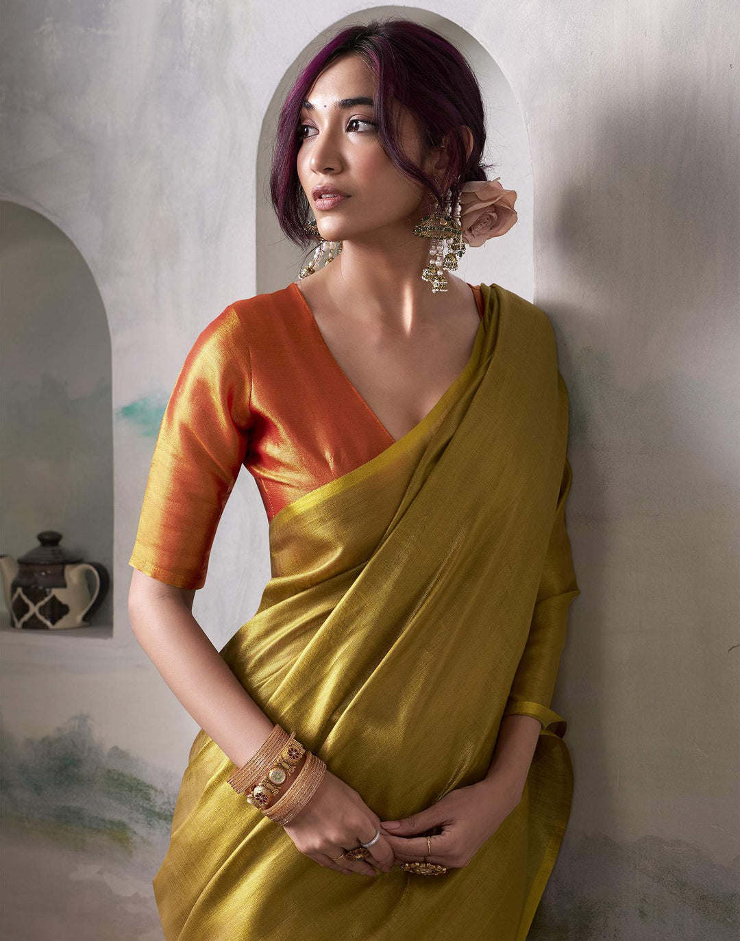 Wedding Wear Orange Color Tissue Silk Saree