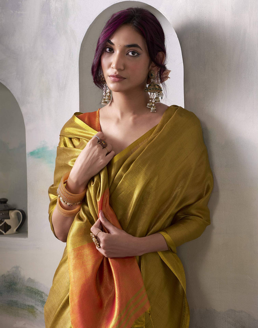 Wedding Wear Orange Color Tissue Silk Saree