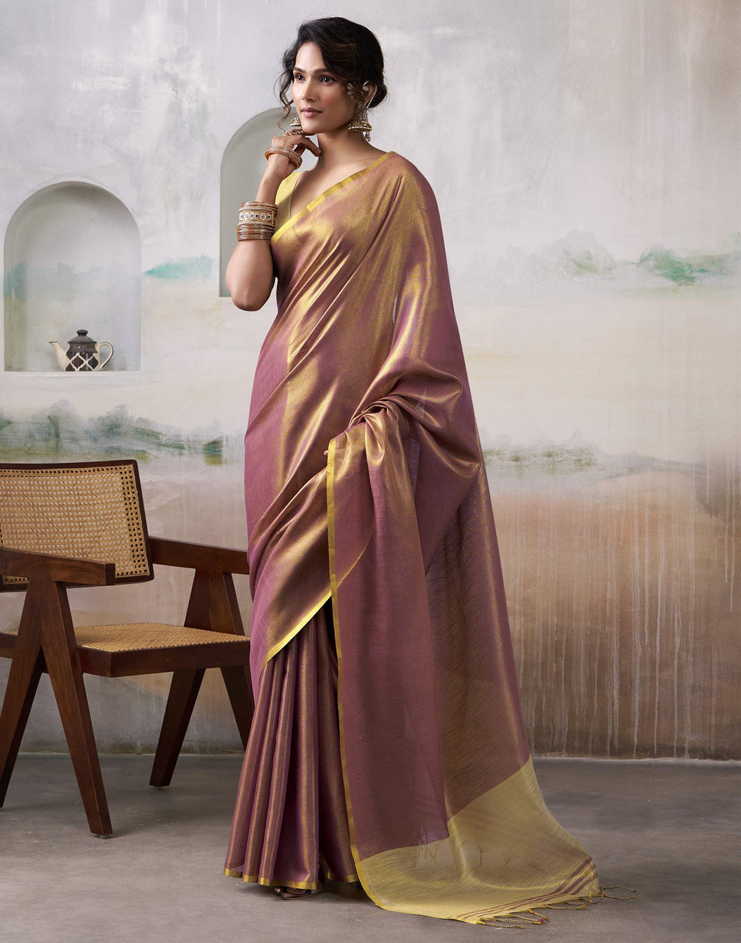 Wedding Wear Orange Color Tissue Silk Saree
