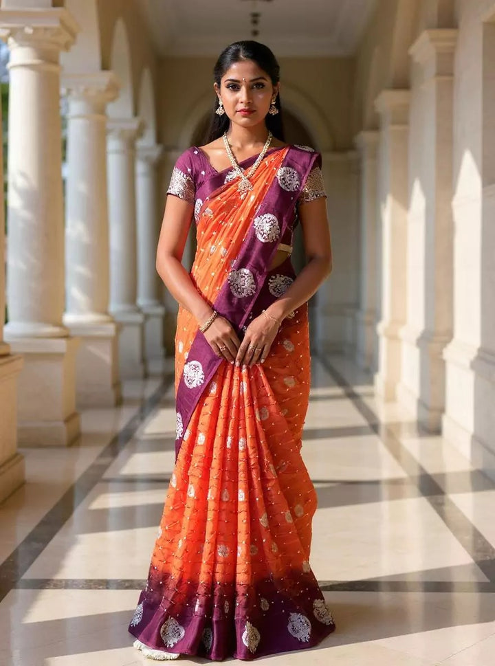 Wedding Wear Orange and Wine Color Bandhini Silk Saree