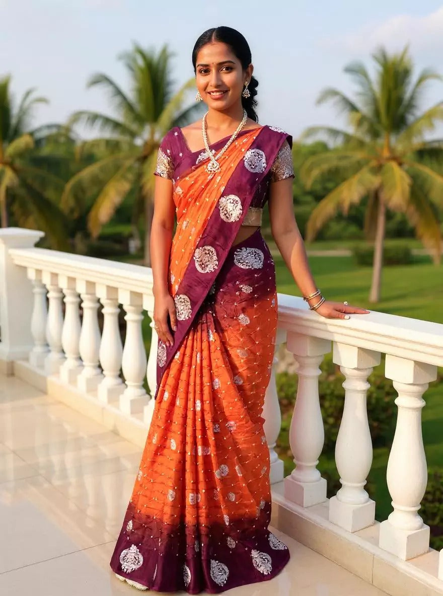 Wedding Wear Orange and Wine Color Bandhini Silk Saree