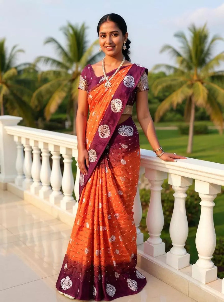 Wedding Wear Orange and Wine Color Bandhini Silk Saree
