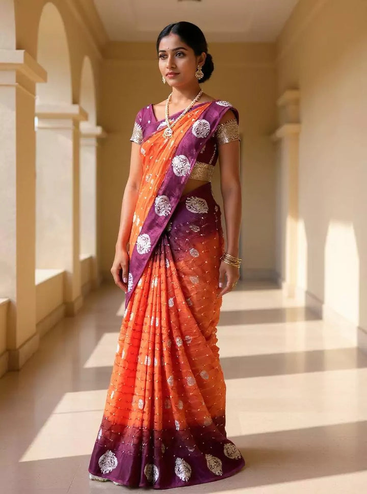 Wedding Wear Orange and Wine Color Bandhini Silk Saree