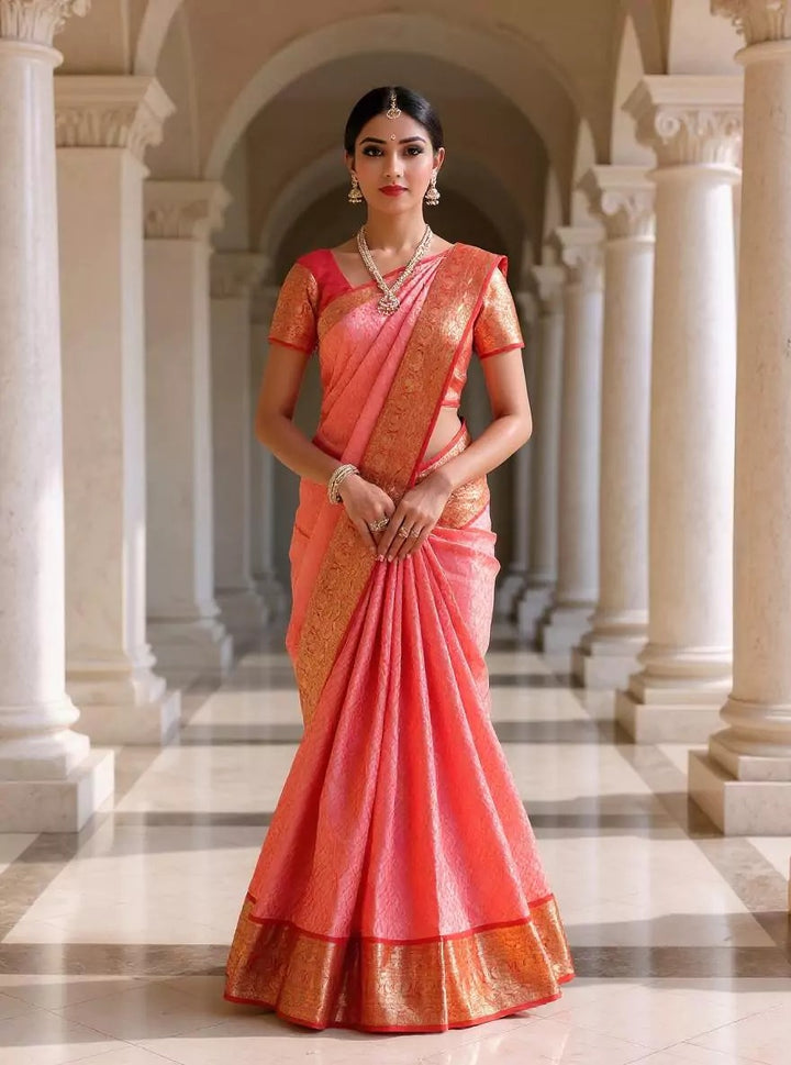 Wedding Wear Peach Color Banarasi Silk Saree