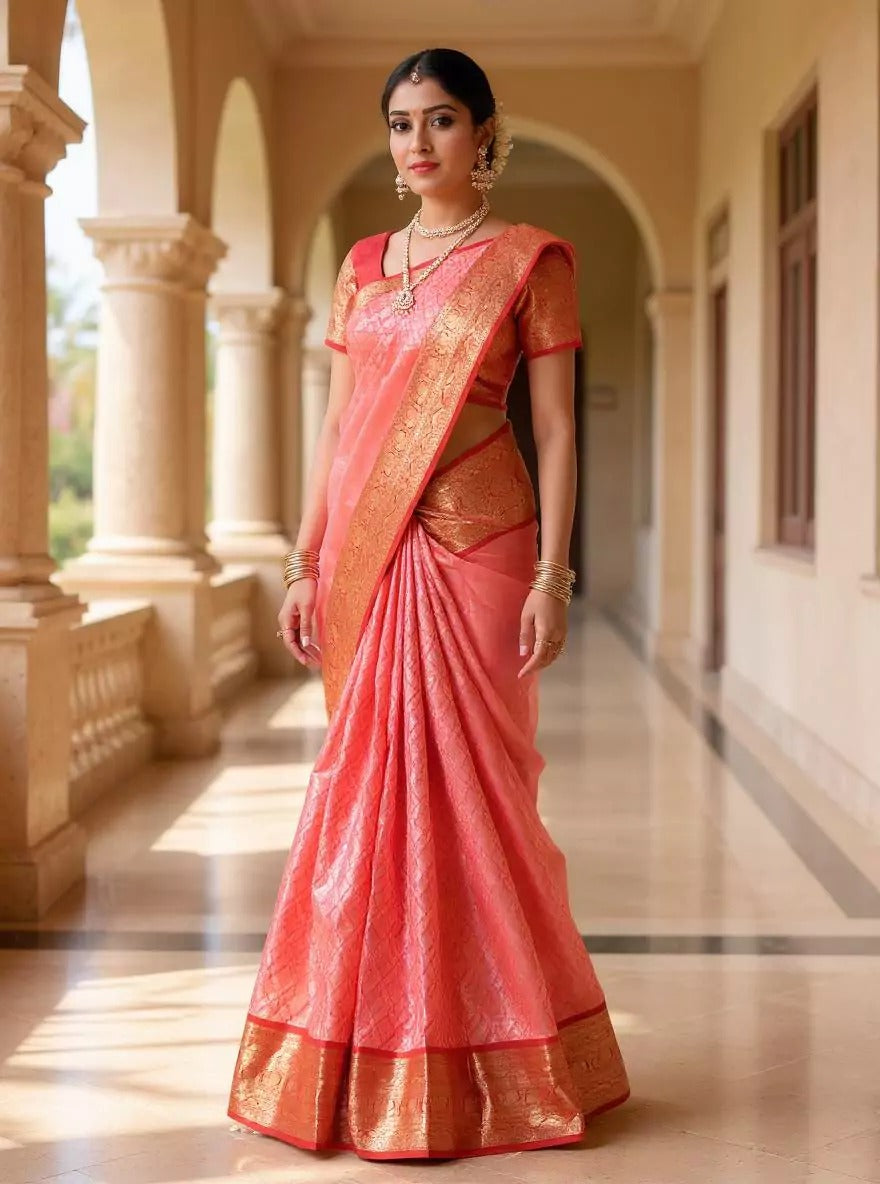 Wedding Wear Peach Color Banarasi Silk Saree