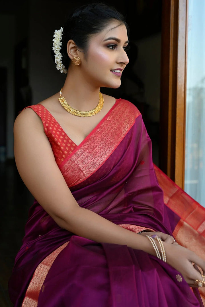 Wedding Wear Purple And Red Color Maheshwari Saree With Golden Zari Pallu