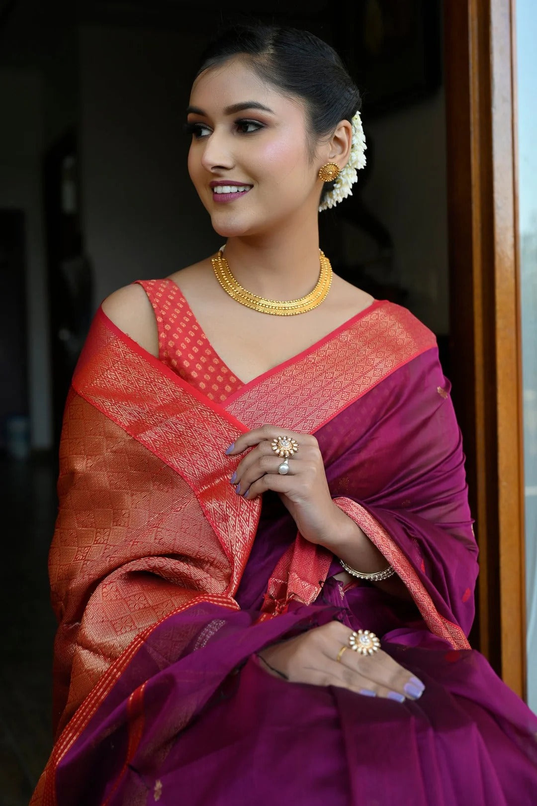 Wedding Wear Purple And Red Color Maheshwari Saree With Golden Zari Pallu