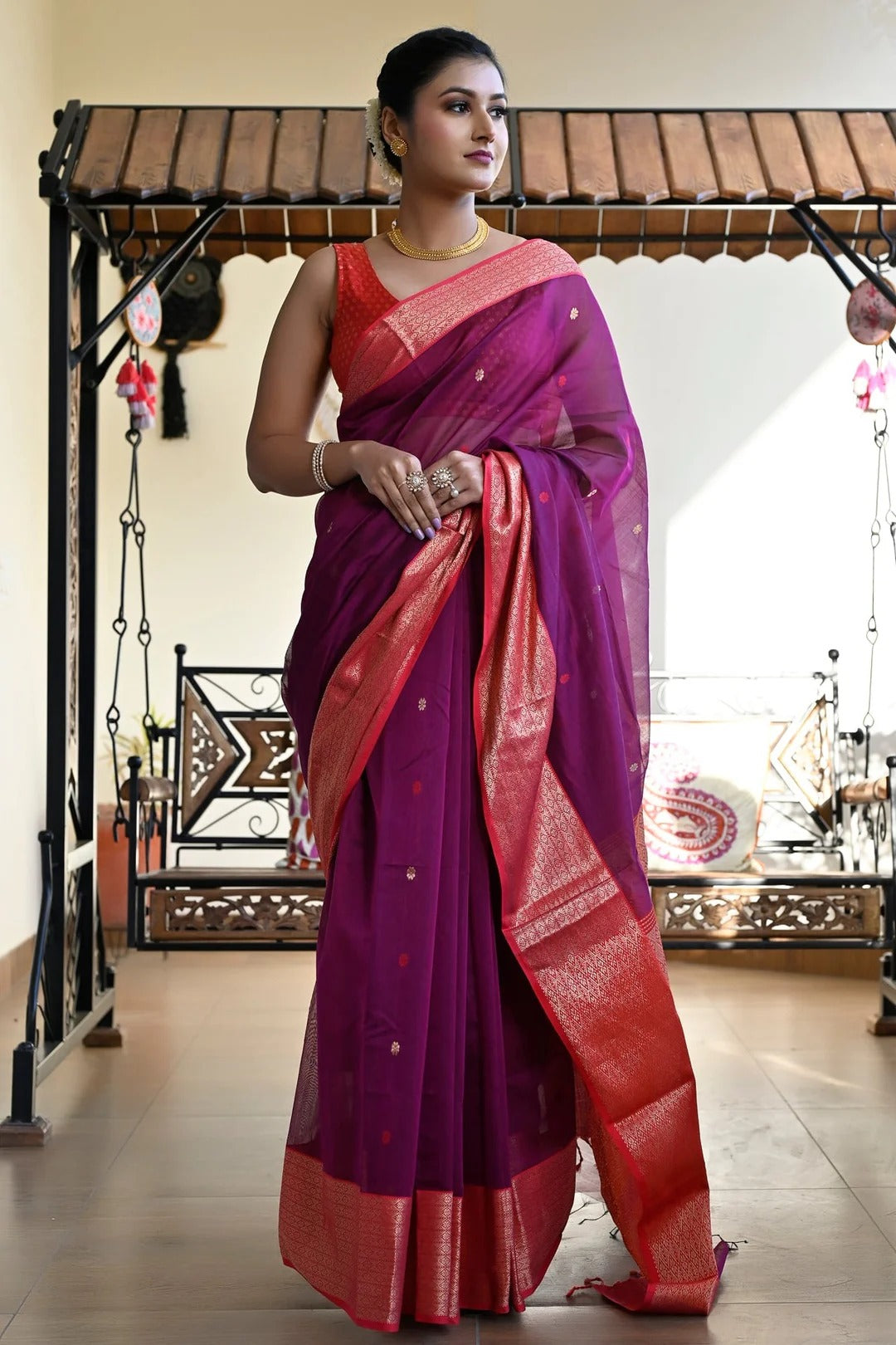 Wedding Wear Purple And Red Color Maheshwari Saree With Golden Zari Pallu