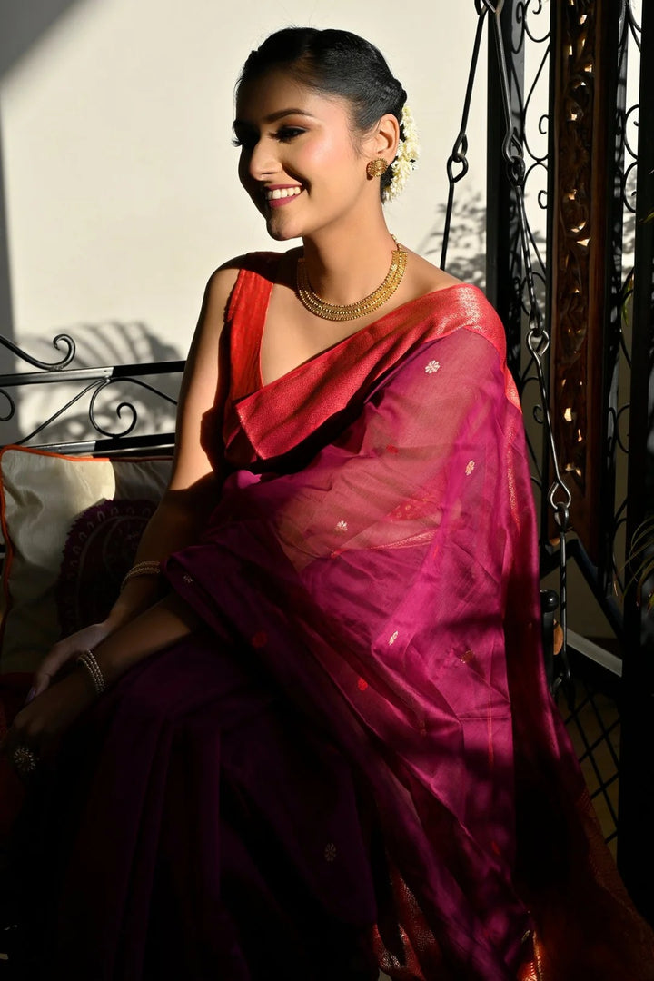 Wedding Wear Purple And Red Color Maheshwari Saree With Golden Zari Pallu