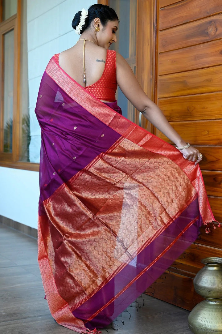 Wedding Wear Purple And Red Color Maheshwari Saree With Golden Zari Pallu