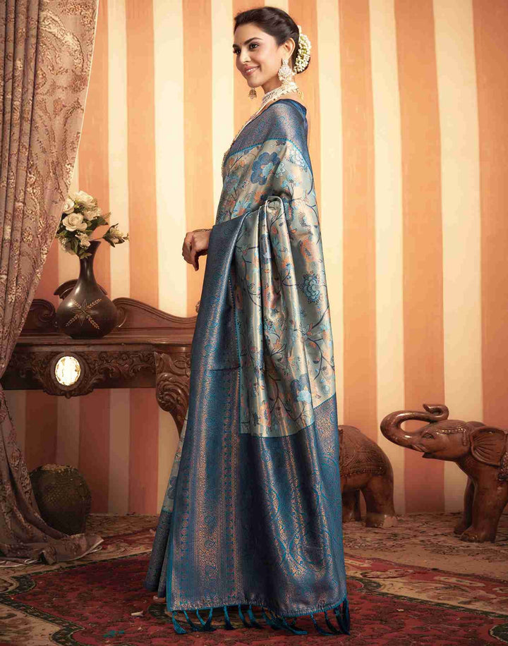 Wedding Wear Rama Blue Color Kanjivaram Silk Saree