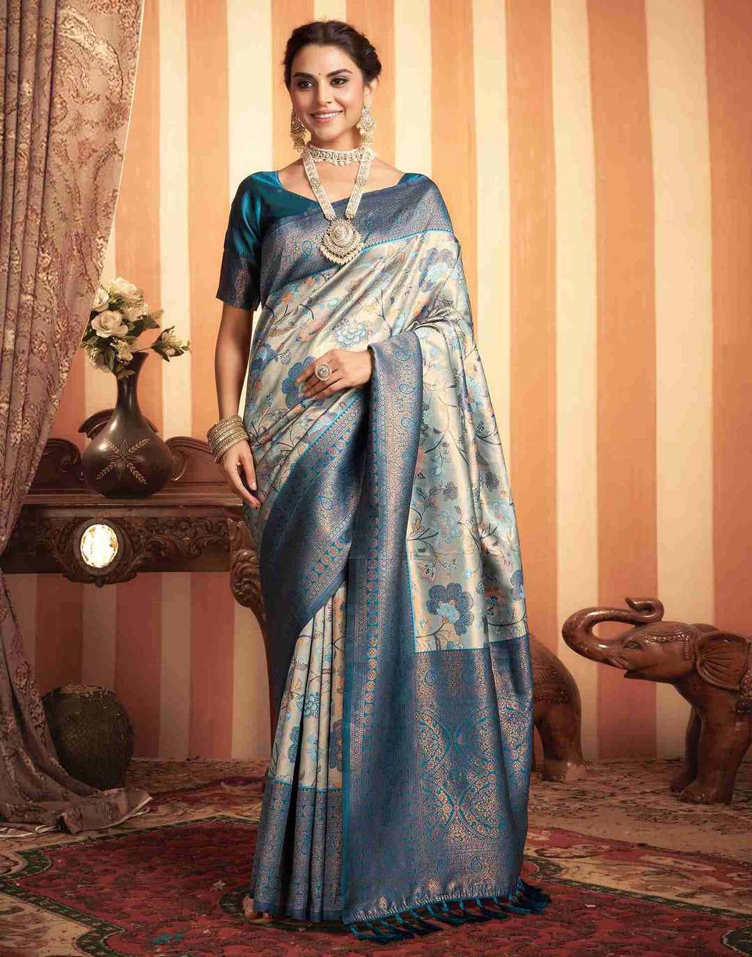 Wedding Wear Rama Blue Color Kanjivaram Silk Saree