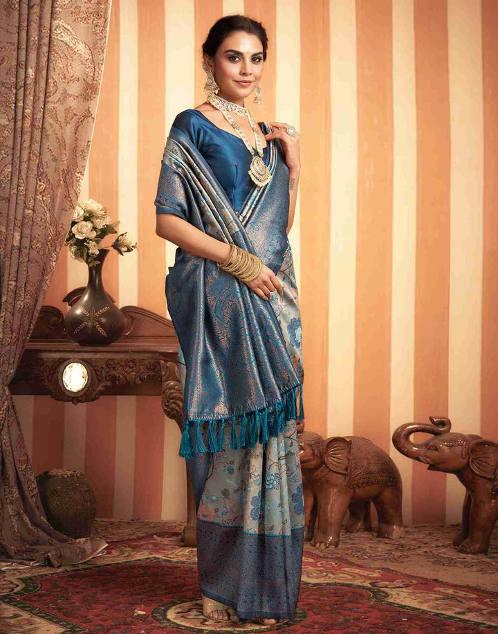 Wedding Wear Rama Blue Color Kanjivaram Silk Saree