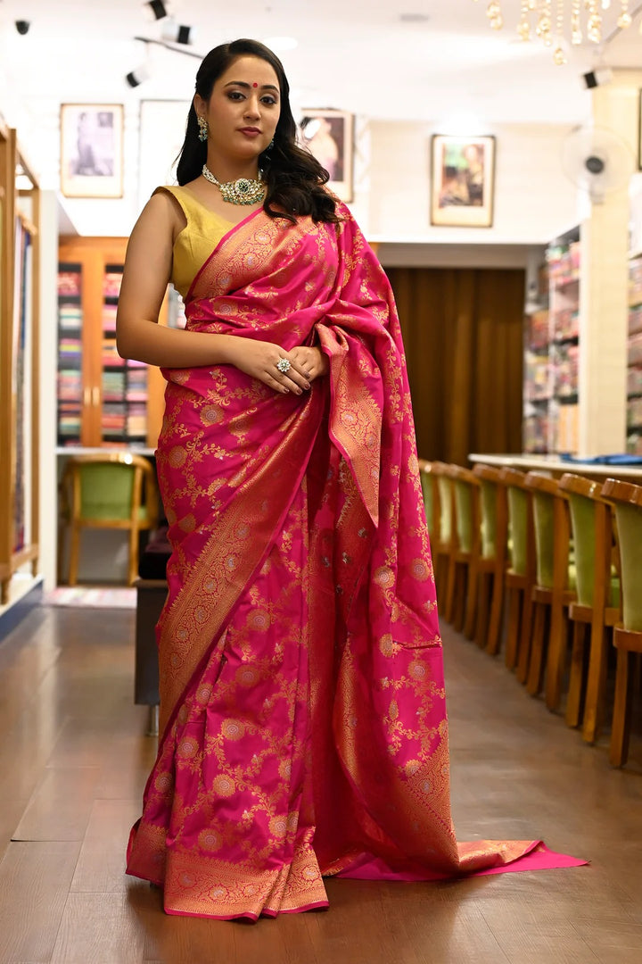 Wedding Wear Rani Pink Color Banarasi Silk Saree With Meena Work