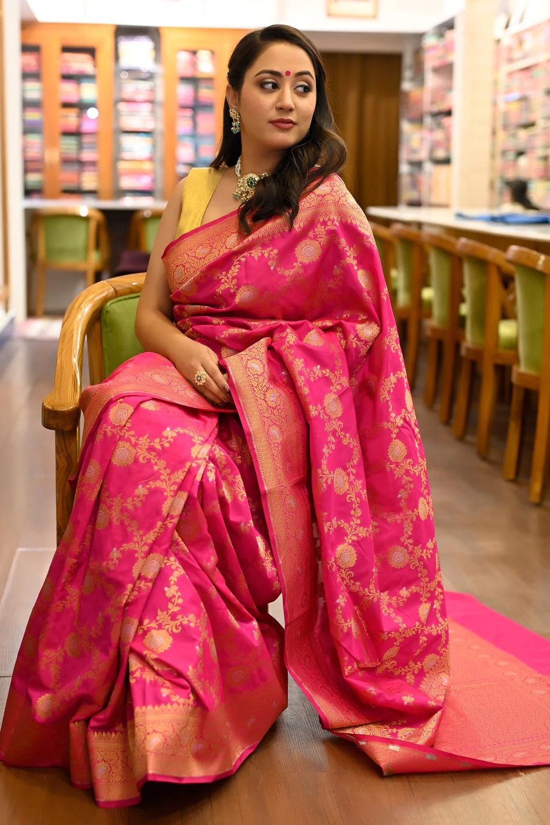 Wedding Wear Rani Pink Color Banarasi Silk Saree With Meena Work