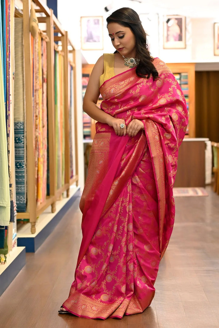 Wedding Wear Rani Pink Color Banarasi Silk Saree With Meena Work