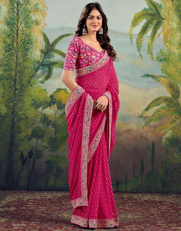 Wedding Wear Rani Pink Color Bandhani Saree