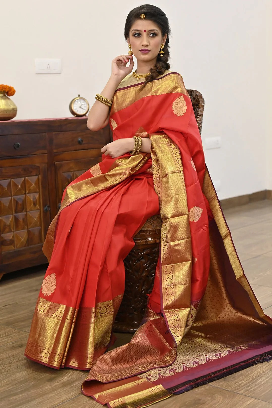 Wedding Wear Red Color Kanjivaram Saree With Richness Of Zari