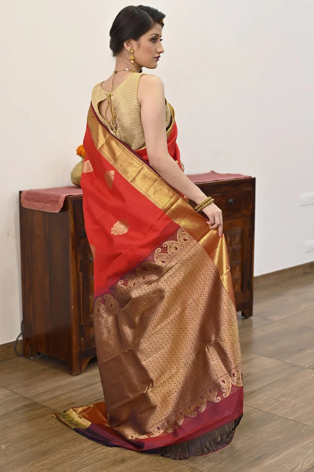 Wedding Wear Red Color Kanjivaram Saree With Richness Of Zari
