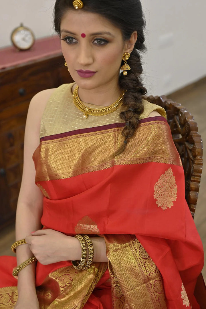 Wedding Wear Red Color Kanjivaram Saree With Richness Of Zari