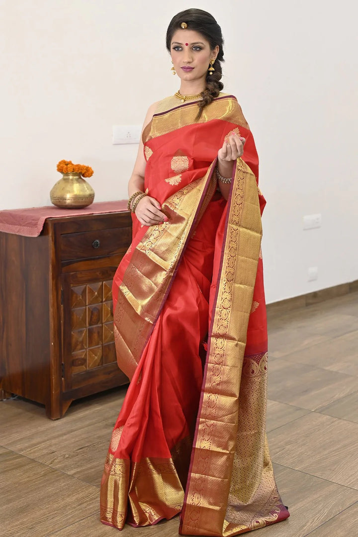 Wedding Wear Red Color Kanjivaram Saree With Richness Of Zari