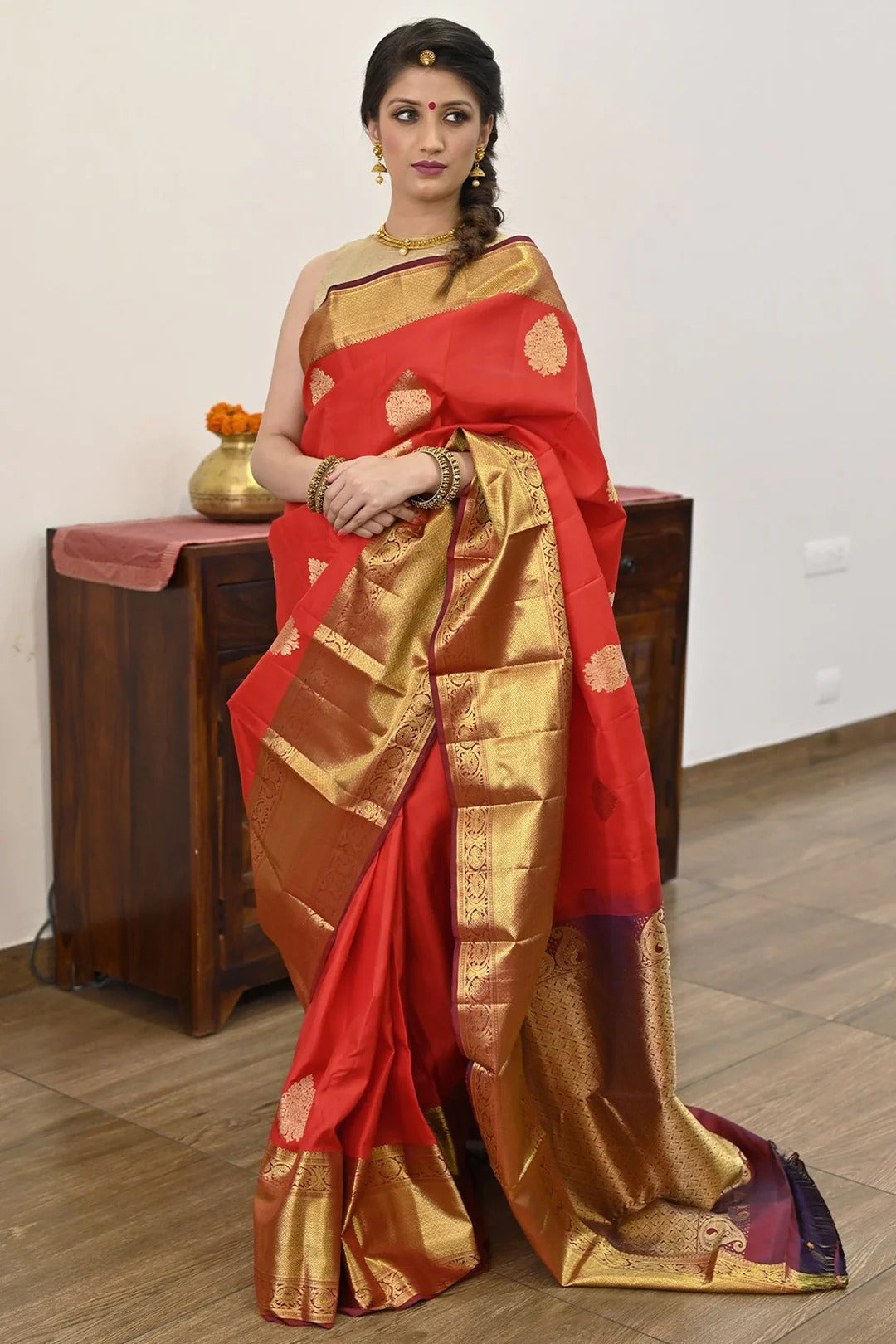 Wedding Wear Red Color Kanjivaram Saree With Richness Of Zari