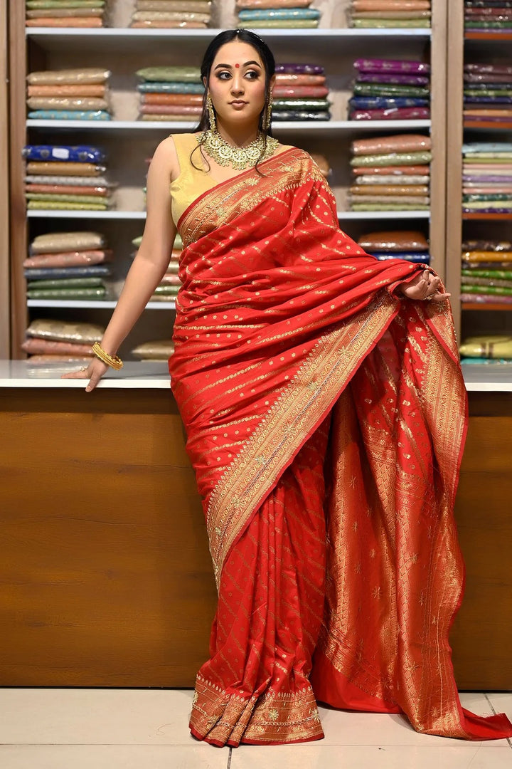 Wedding Wear Red Color Zardozi Work On Banarasi Saree