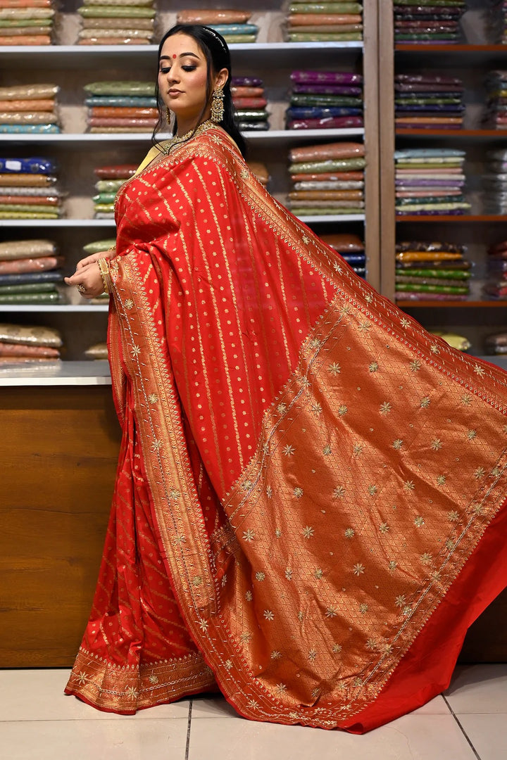 Wedding Wear Red Color Zardozi Work On Banarasi Saree