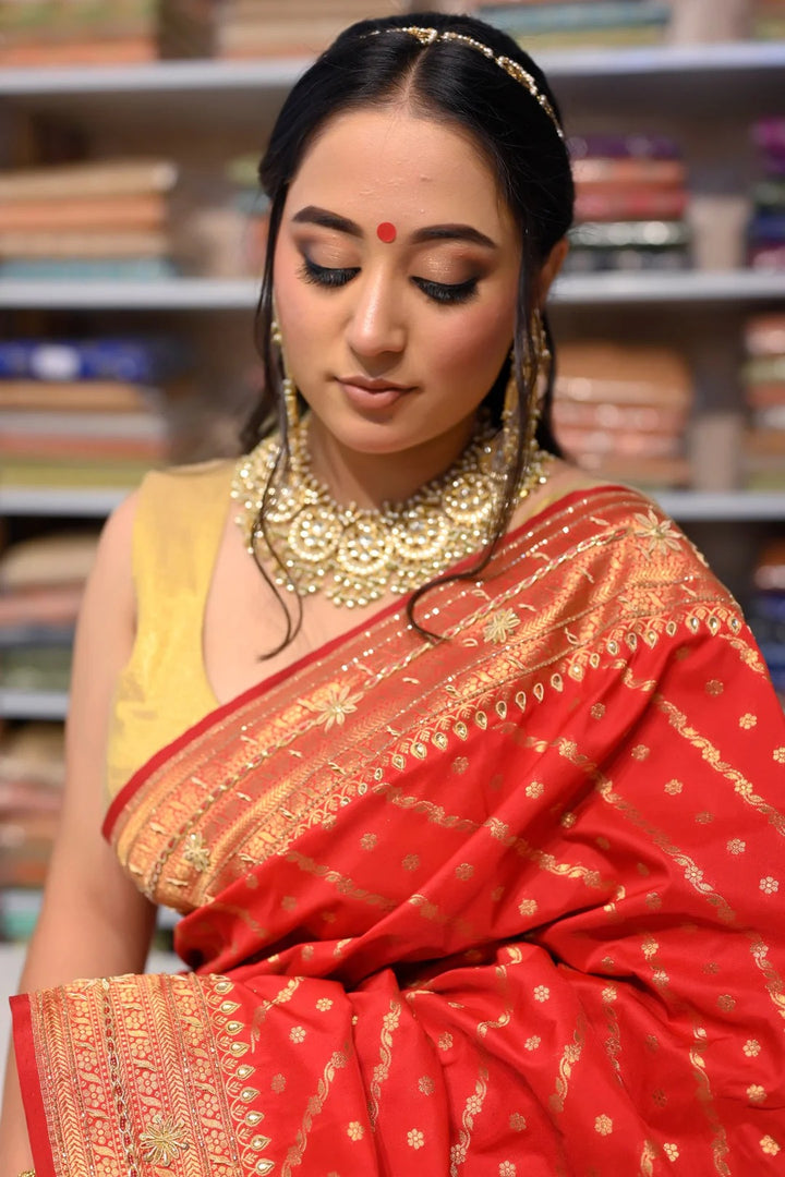 Wedding Wear Red Color Zardozi Work On Banarasi Saree