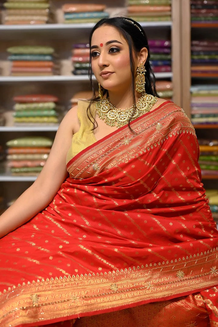 Wedding Wear Red Color Zardozi Work On Banarasi Saree