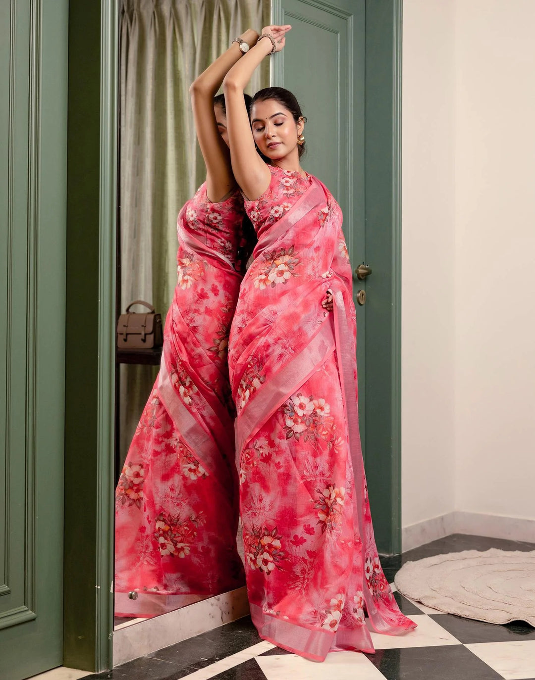 Wedding Wear Rose Pink Color Linen Silk Printed Saree