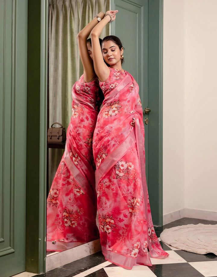 Wedding Wear Rose Pink Color Linen Silk Printed Saree