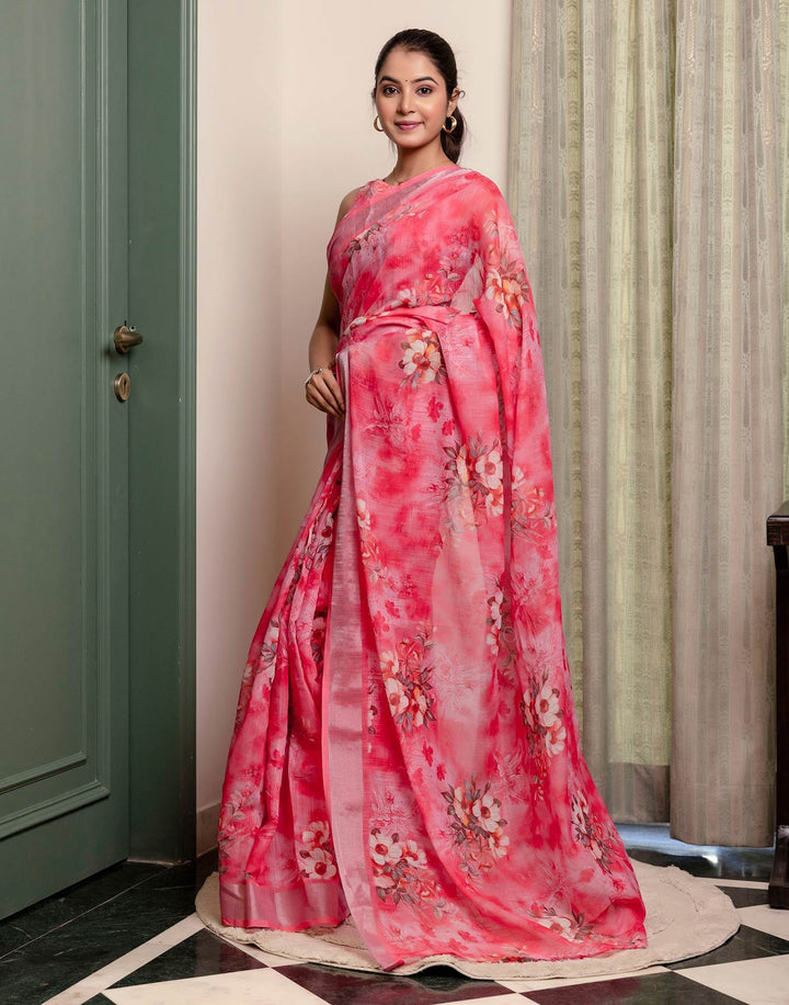 Wedding Wear Rose Pink Color Linen Silk Printed Saree