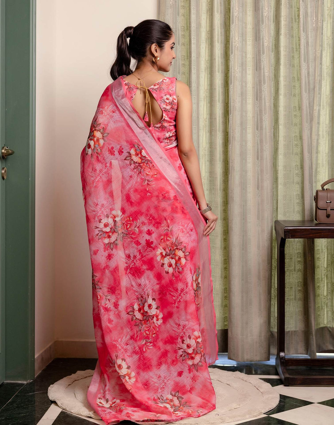 Wedding Wear Rose Pink Color Linen Silk Printed Saree