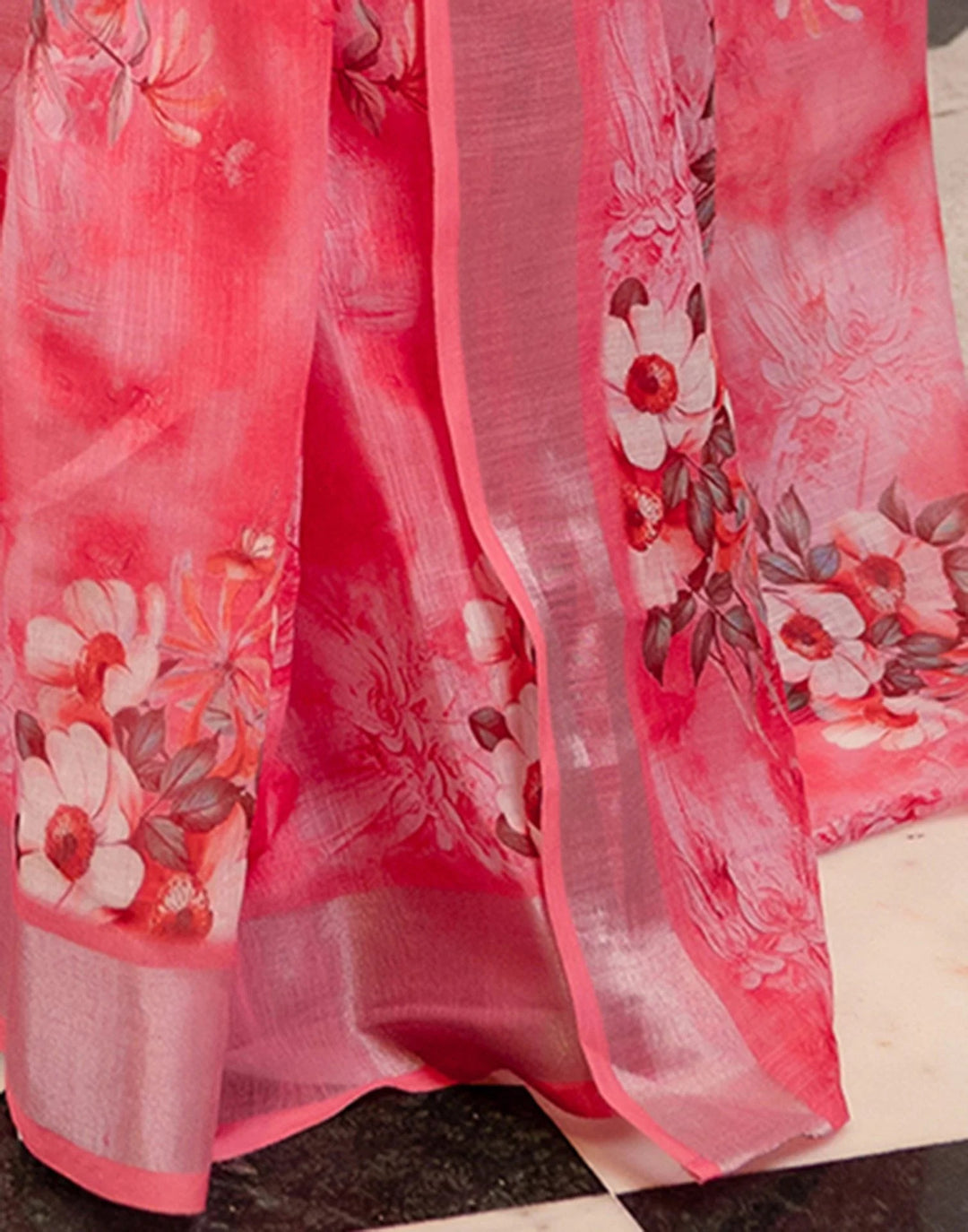Wedding Wear Rose Pink Color Linen Silk Printed Saree