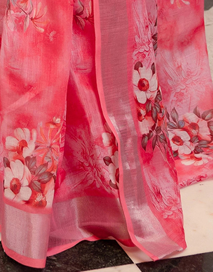 Wedding Wear Rose Pink Color Linen Silk Printed Saree