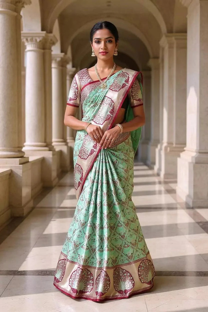 Wedding Wear Sea Green Color Banarasi Silk Saree