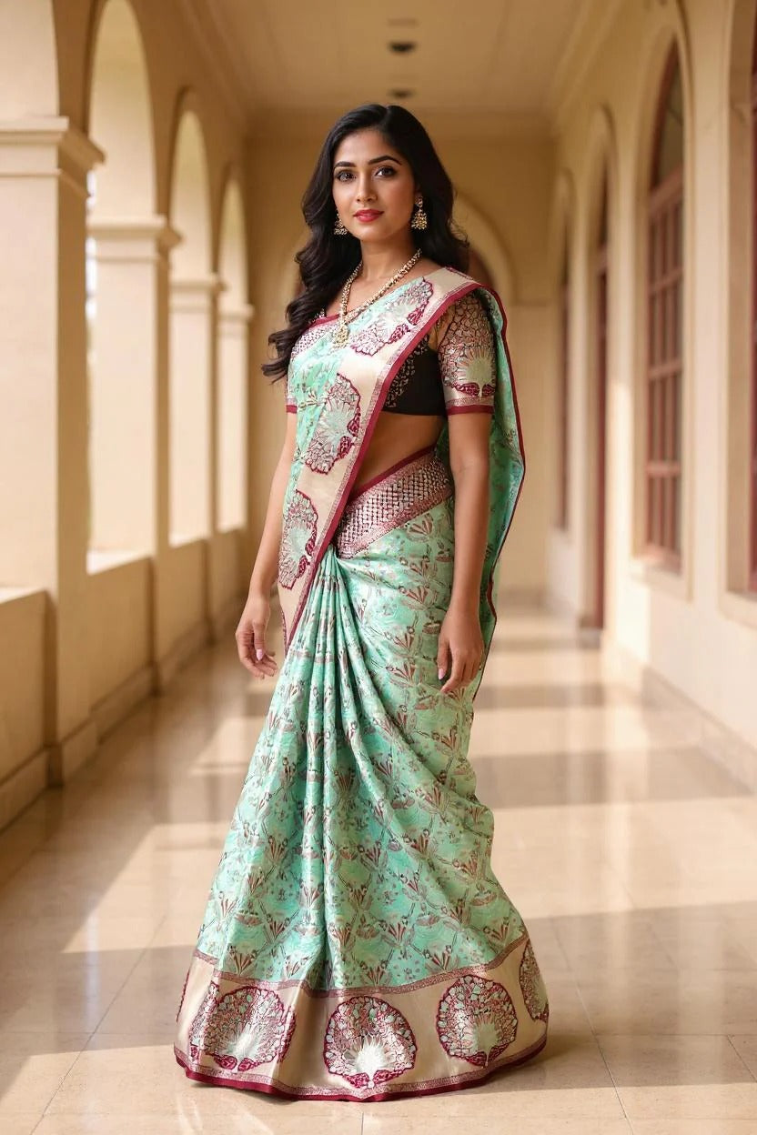 Wedding Wear Sea Green Color Banarasi Silk Saree
