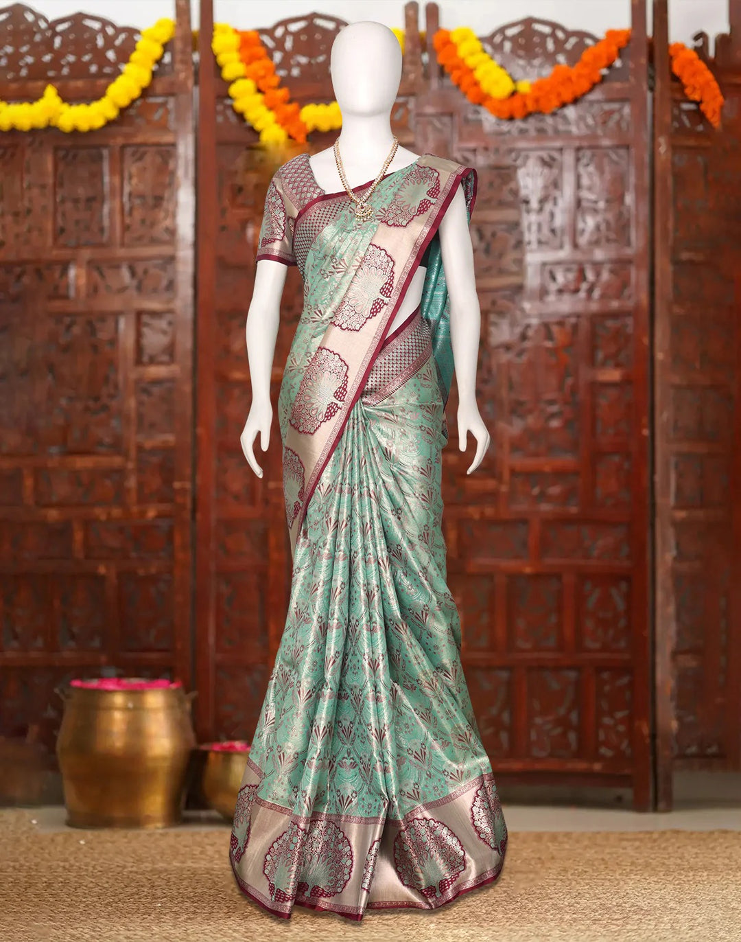 Wedding Wear Sea Green Color Banarasi Silk Saree